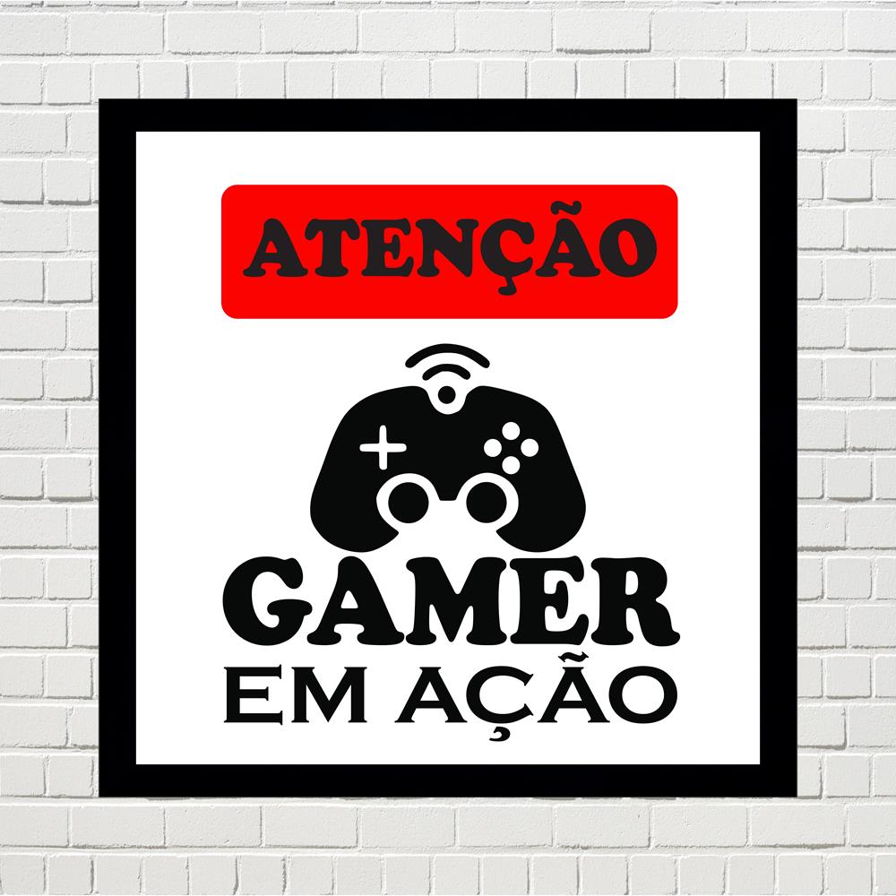 Quadro Atenção Gamer em ação, medidas de 25x25 com moldura preta de Madeira 2cm com vidro acrílico 