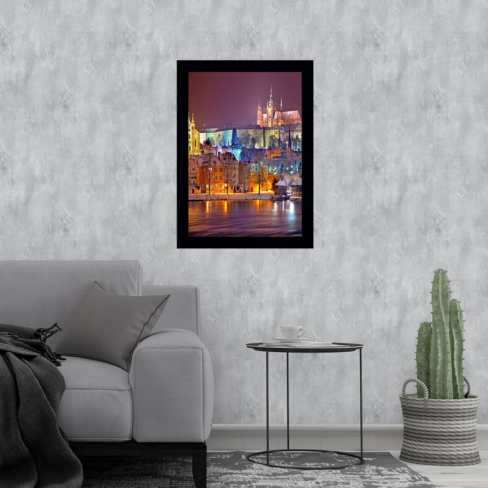 Quadro Castelo de Praga, República Tcheca Noite, Com Medida De 37x51 Com Moldura Preta Moldura Preta E Vidro De 4mm