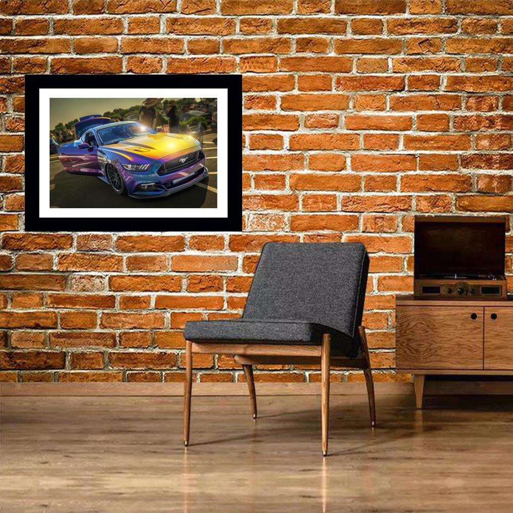 Quadro Mustang ao sol, com medida de 61x47 e moldura Preta com paspatur branco e vidro de 4mm