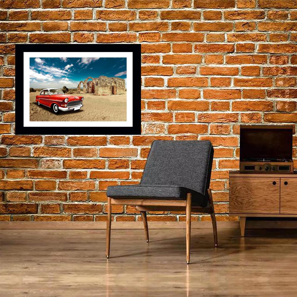 Quadro Car Classic e ruínas, com medida de 61x47 e moldura preta com paspatur branco e vidro de 4mm