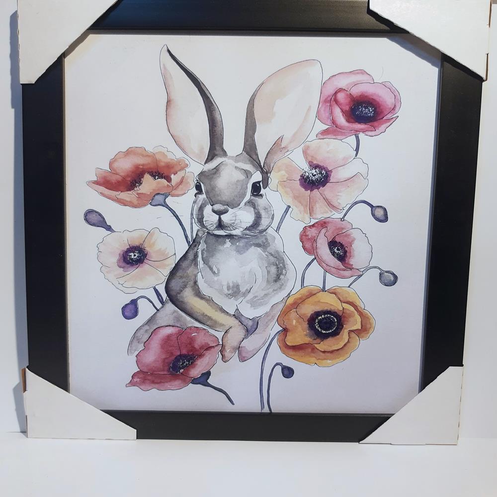 Quadro Coelho E Flores, Com Moldura Preta De 2cm(32x24) - Outlet última Peça 