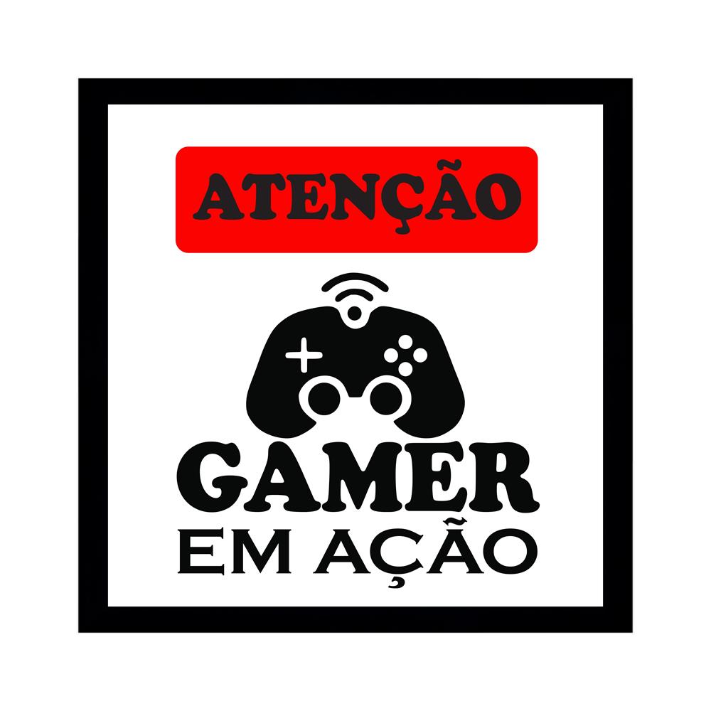 Quadro Atenção Gamer Em Ação, Medidas De 25x25 Com Moldura Preta De Madeira 2cm Com Vidro Acrílico 