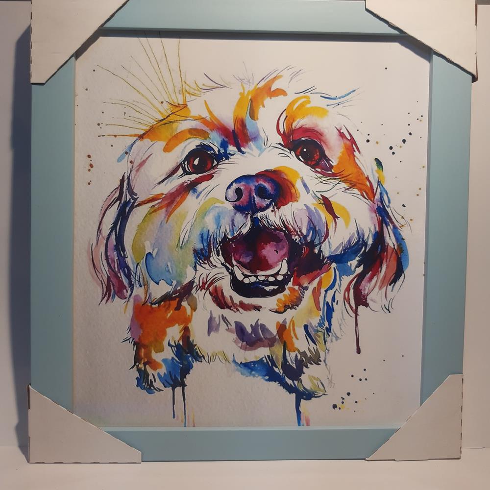 Quadro Cachorro E Cores, Moldura Azul De Madeira E Medidas De 32x24. Outlet