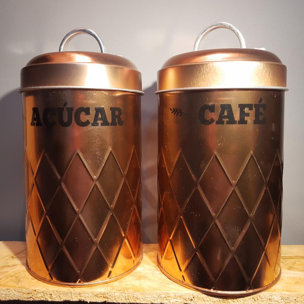 Conjunto De Duas Peças De Metal Na Cor Cobre, Café E Açúcar Medida De 16 De Altura X 12 Diâmetro