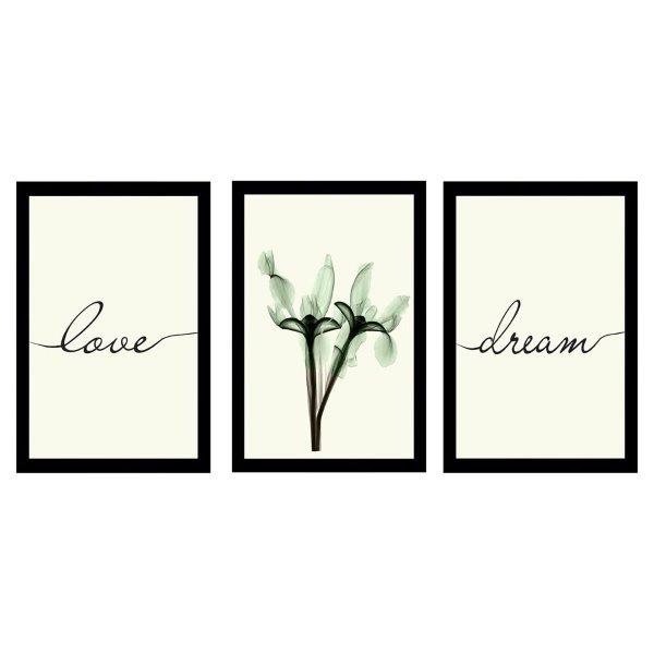 Kit Quadros Com 3 Peças Tema Love, Flower, Dream Com Moldura Preta Medida De 31x47 Com Vidro De PVC