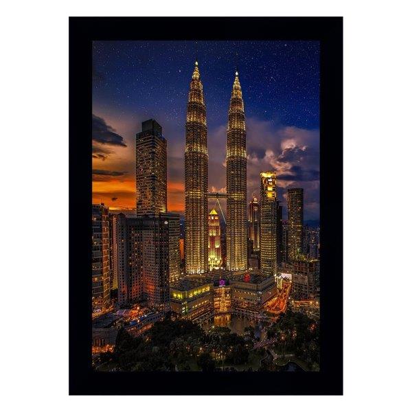 Quadro Kuala Lumpur Noite, Com Medida De 37x51 Com Moldura Preta Moldura Preta E Vidro De 4mm