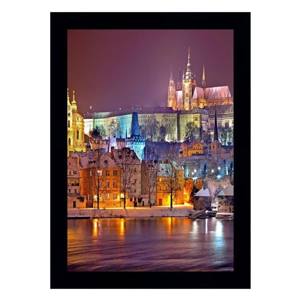 Quadro Castelo De Praga, República Tcheca Noite, Com Medida De 37x51 Com Moldura Preta Moldura Preta E Vidro De 4mm