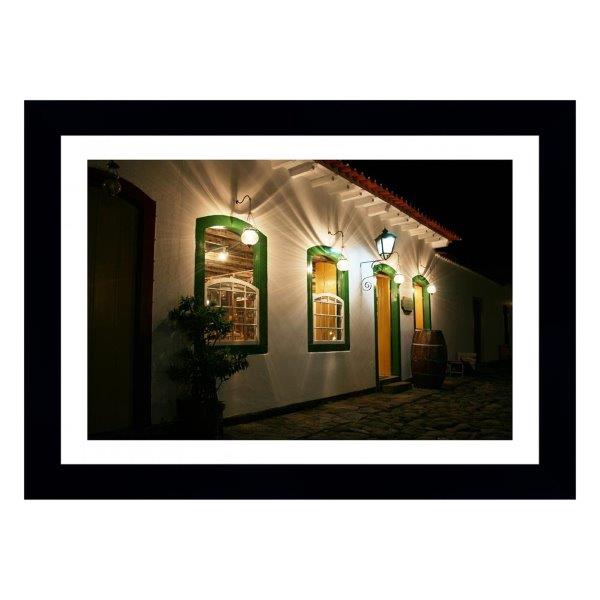 Quadro Casa Em Paraty à Noite, Brasil, Com Medida De 47x61, Moldura Preta E Paspatur Branca Com Vidro De 4mm