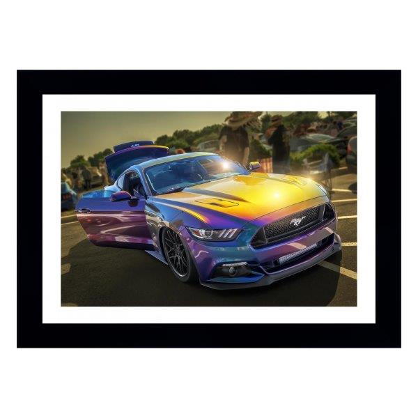 Quadro Mustang Ao Sol, Com Medida De 61x47 E Moldura Preta Com Paspatur Branco E Vidro De 4mm