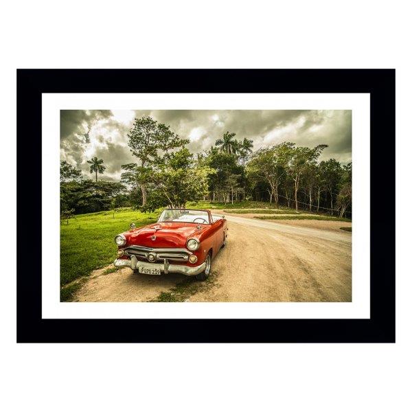 Quadro Red Car In Cuba, Medida De 61x47 Com Moldura Preta, Paspatur Branco E Vidro De 4mm